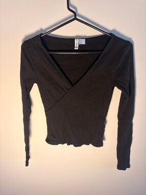 Divided Black Ribbed Wrap-Front Long Sleeve Top